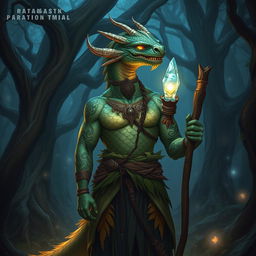 A majestic male dragonborn druid standing in a mystical forest, with scales shimmering in shades of emerald and gold