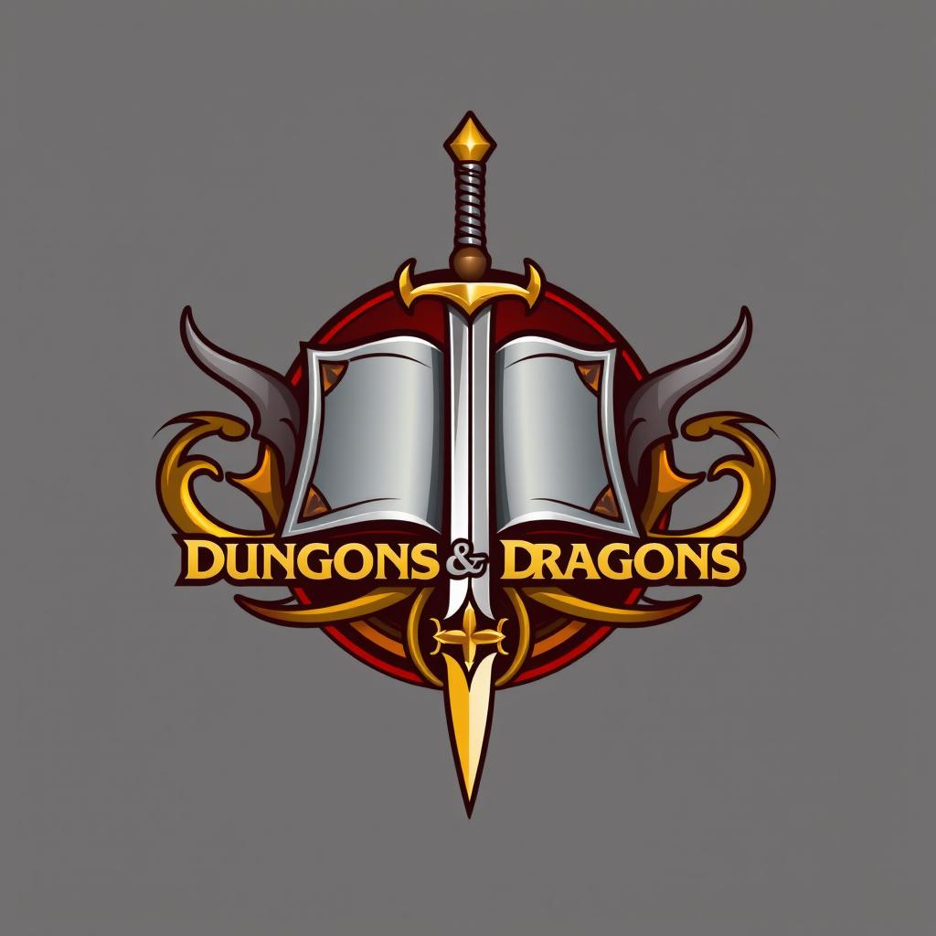 A logo design for a Dungeons and Dragons group, featuring a rich color palette of silver, gold, and red