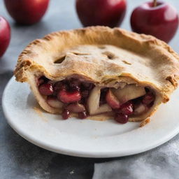 A crusty golden brown apple pie fresh out of the oven, a plump red cherry sitting on its top. Steam escaping from the crust revealing juicy apple filling inside, with a dusting of powdered sugar.