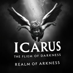 a black and white book cover featuring Icarus, portrayed as a young angel in freefall with wings partially torn, displaying an expression of pain and determination, falling into the Realm of Darkness