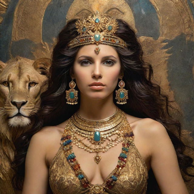 The ancient goddess Ishtar, radiant in her divine beauty. Adorned in jewelry of gold and precious stones, her eyes sparkling with fierce determination. She holds symbols of her power - the lion and the morning star.