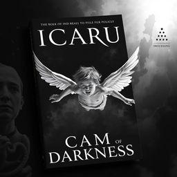 a black and white book cover featuring Icarus, portrayed as a young angel in freefall with wings partially torn, displaying an expression of pain and determination, falling into the Realm of Darkness