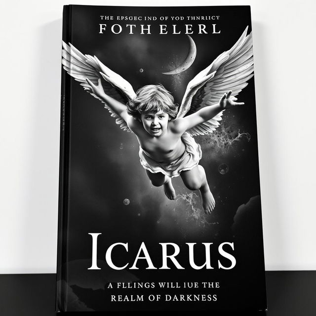 a black and white book cover featuring Icarus, portrayed as a young angel in freefall with wings partially torn, displaying an expression of pain and determination, falling into the Realm of Darkness