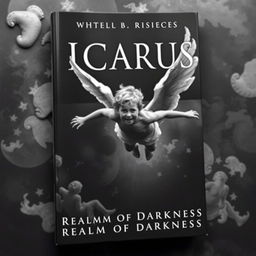 a black and white book cover featuring Icarus, portrayed as a young angel in freefall with wings partially torn, displaying an expression of pain and determination, falling into the Realm of Darkness