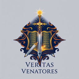 A logo design for "Veritas Venatores" featuring an elaborately designed sword, a mystical book of magic with glowing runes, and a radiant holy symbol