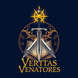 A logo design for "Veritas Venatores" featuring an elaborately designed sword, a mystical book of magic with glowing runes, and a radiant holy symbol