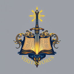 A logo design for "Veritas Venatores" featuring an elaborately designed sword, a mystical book of magic with glowing runes, and a radiant holy symbol