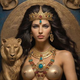 The ancient goddess Ishtar, radiant in her divine beauty. Adorned in jewelry of gold and precious stones, her eyes sparkling with fierce determination. She holds symbols of her power - the lion and the morning star.