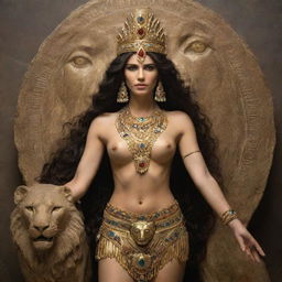 The ancient goddess Ishtar, radiant in her divine beauty. Adorned in jewelry of gold and precious stones, her eyes sparkling with fierce determination. She holds symbols of her power - the lion and the morning star.