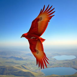 A massive, majestic red bird soaring through a clear blue sky, its vibrant plumage shimmering in shades of crimson and scarlet