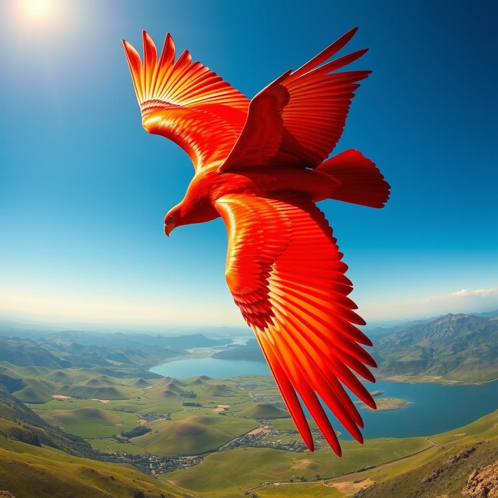 A massive, majestic red bird soaring through a clear blue sky, its vibrant plumage shimmering in shades of crimson and scarlet