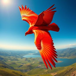 A massive, majestic red bird soaring through a clear blue sky, its vibrant plumage shimmering in shades of crimson and scarlet