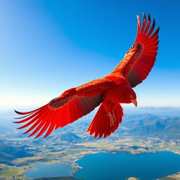 A massive, majestic red bird soaring through a clear blue sky, its vibrant plumage shimmering in shades of crimson and scarlet