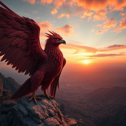 A massive, awe-inspiring red griffon perched majestically on a rocky cliff, its powerful wings partially unfurled to showcase their vibrant crimson and burgundy feathers