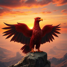 A massive, awe-inspiring red griffon perched majestically on a rocky cliff, its powerful wings partially unfurled to showcase their vibrant crimson and burgundy feathers