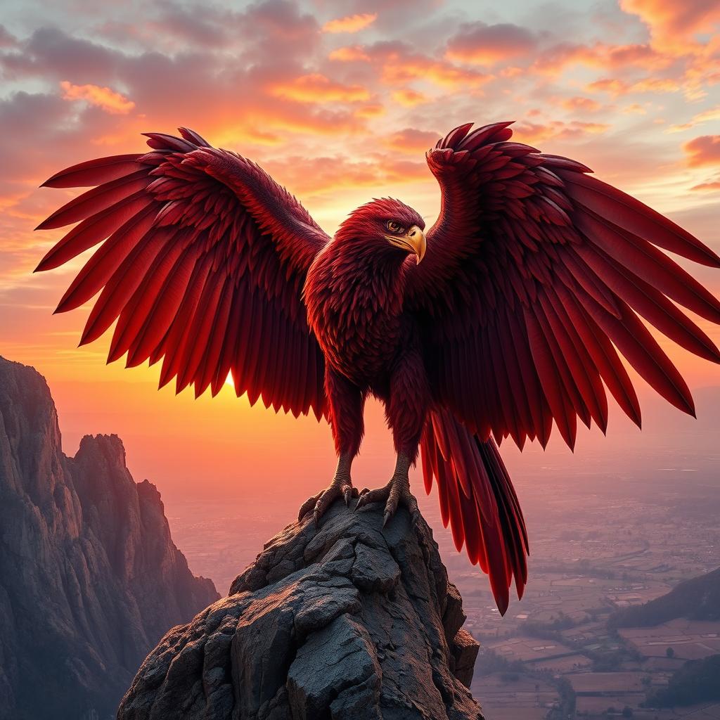 A massive, awe-inspiring red griffon perched majestically on a rocky cliff, its powerful wings partially unfurled to showcase their vibrant crimson and burgundy feathers