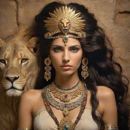 The ancient goddess Ishtar, radiant in her divine beauty. Adorned in jewelry of gold and precious stones, her eyes sparkling with fierce determination. She holds symbols of her power - the lion and the morning star.