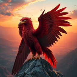 A massive, awe-inspiring red griffon perched majestically on a rocky cliff, its powerful wings partially unfurled to showcase their vibrant crimson and burgundy feathers