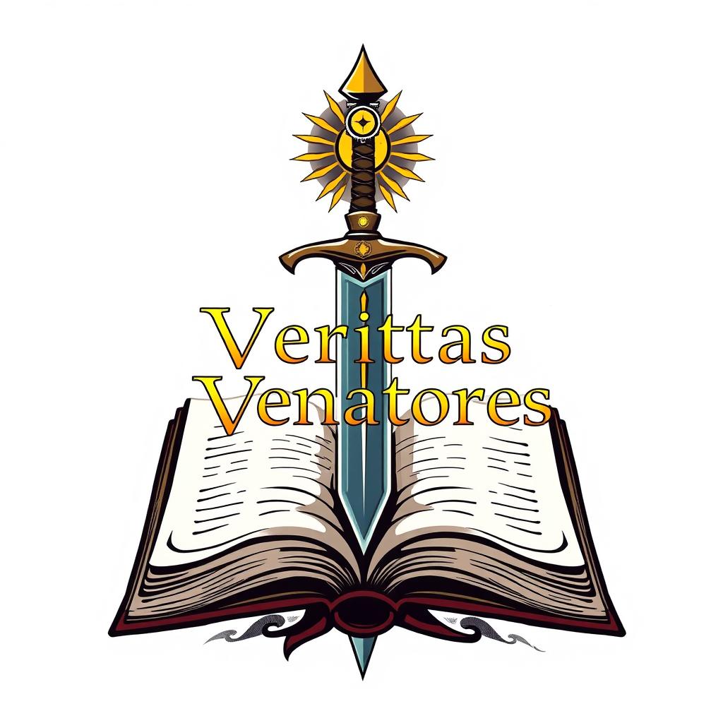 A logo design depicting a Dungeons and Dragons-inspired sword emerging from an open book