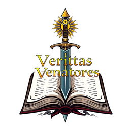 A logo design depicting a Dungeons and Dragons-inspired sword emerging from an open book