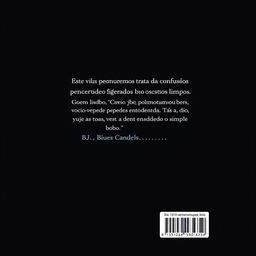 A book's back cover design with a black background, featuring the text: "Este livro de pequenos poemas trata da confusão de sentimentos e da negação dos mesmos