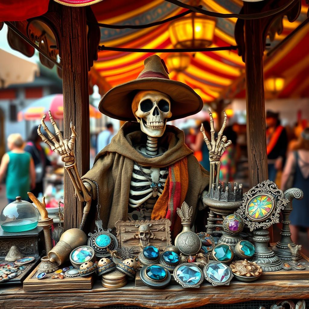 A whimsical skeleton merchant standing behind a rustic wooden market stall, surrounded by various trinkets and treasures