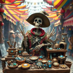 A whimsical skeleton merchant standing behind a rustic wooden market stall, surrounded by various trinkets and treasures