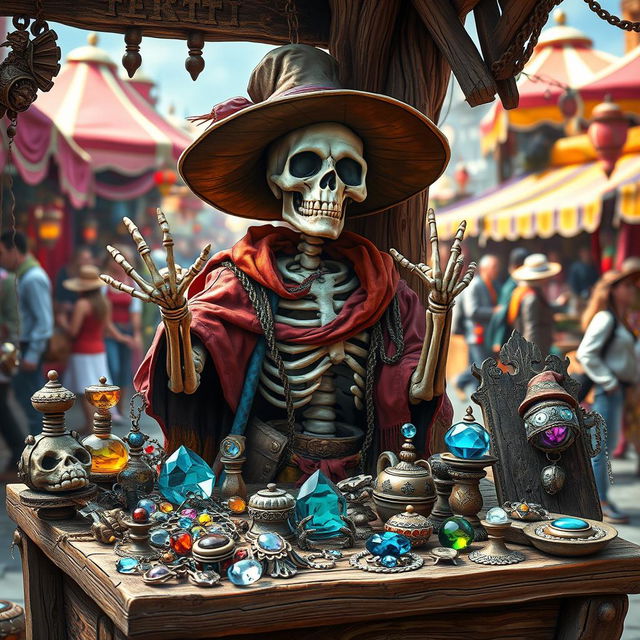 A whimsical skeleton merchant standing behind a rustic wooden market stall, surrounded by various trinkets and treasures