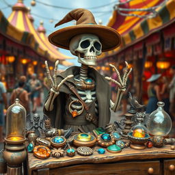 A whimsical skeleton merchant standing behind a rustic wooden market stall, surrounded by various trinkets and treasures