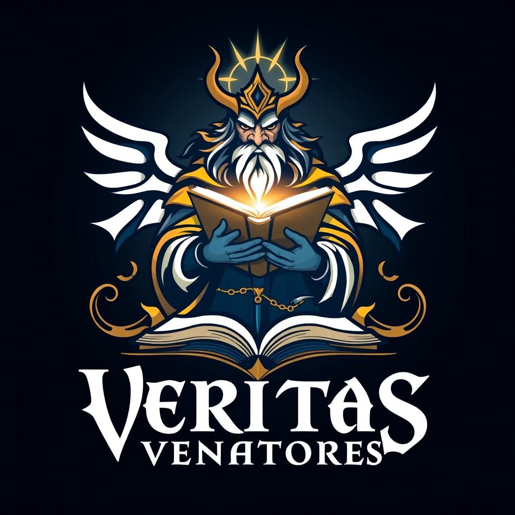 A logo for Veritas Venatores featuring a stylized, mythical hunter with an aura of truth and wisdom