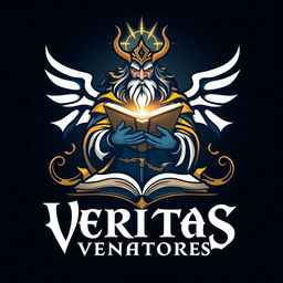 A logo for Veritas Venatores featuring a stylized, mythical hunter with an aura of truth and wisdom