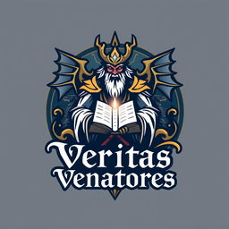 A logo for Veritas Venatores featuring a stylized, mythical hunter with an aura of truth and wisdom