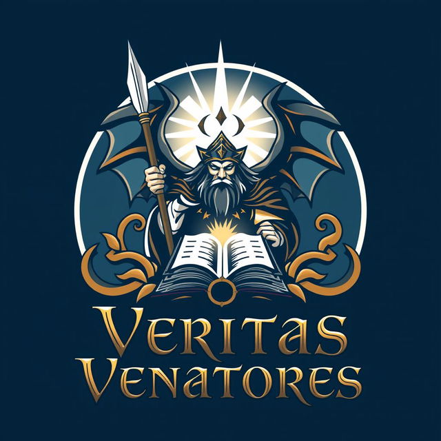 A logo for Veritas Venatores featuring a stylized, mythical hunter with an aura of truth and wisdom