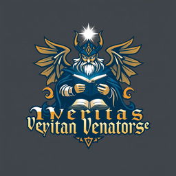 A logo for Veritas Venatores featuring a stylized, mythical hunter with an aura of truth and wisdom