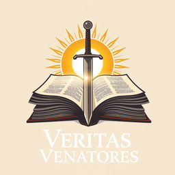 Logo design for "Veritas Venatores", showcasing an open book with intricate pages, featuring a sword resting diagonally across it, and a radiant sun shining brightly in the background