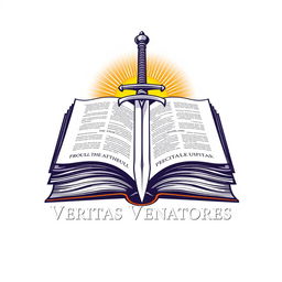 Logo design for "Veritas Venatores", showcasing an open book with intricate pages, featuring a sword resting diagonally across it, and a radiant sun shining brightly in the background