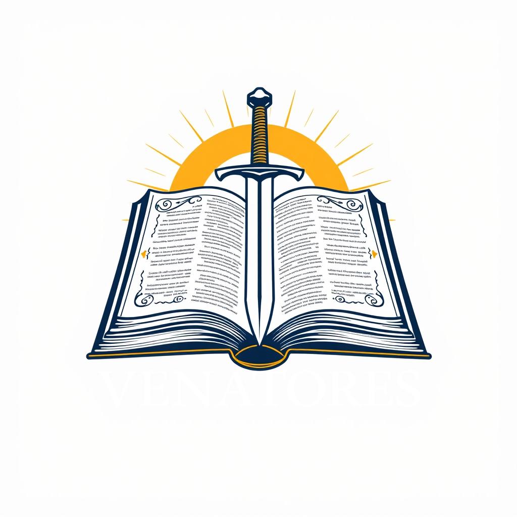 Logo design for "Veritas Venatores", showcasing an open book with intricate pages, featuring a sword resting diagonally across it, and a radiant sun shining brightly in the background