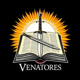 Logo design for "Veritas Venatores", showcasing an open book with intricate pages, featuring a sword resting diagonally across it, and a radiant sun shining brightly in the background