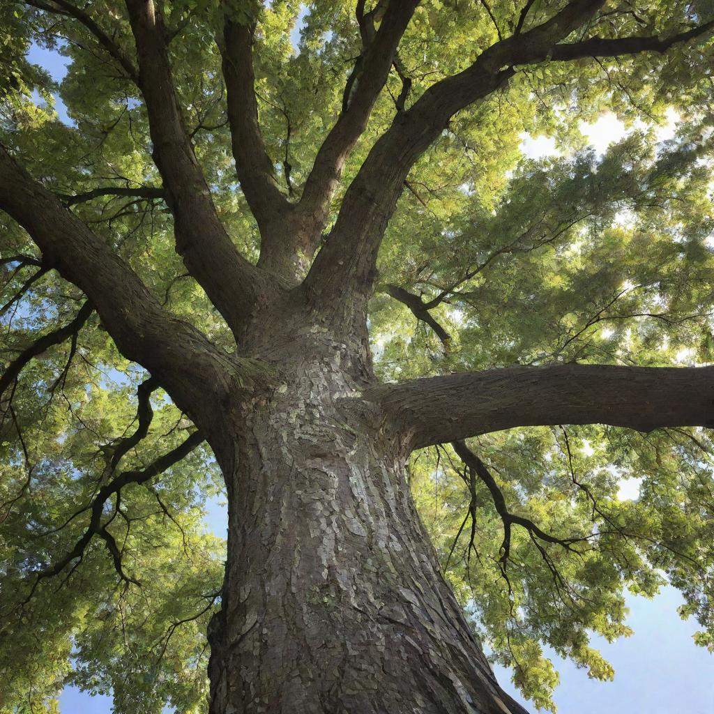 A majestic, sunlit tree with deeply grooved bark and leaves gently rustling in the breeze.