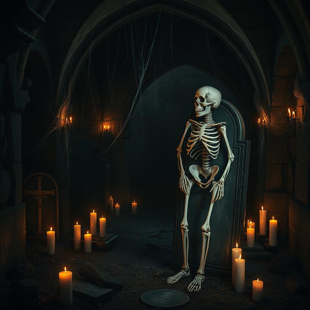 A solitary skeleton standing in a dimly lit, ancient crypt adorned with cobwebs and flickering candles, casting eerie shadows on the stone walls