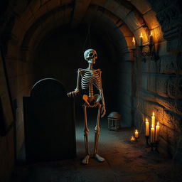 A solitary skeleton standing in a dimly lit, ancient crypt adorned with cobwebs and flickering candles, casting eerie shadows on the stone walls