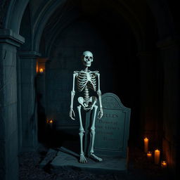 A solitary skeleton standing in a dimly lit, ancient crypt adorned with cobwebs and flickering candles, casting eerie shadows on the stone walls