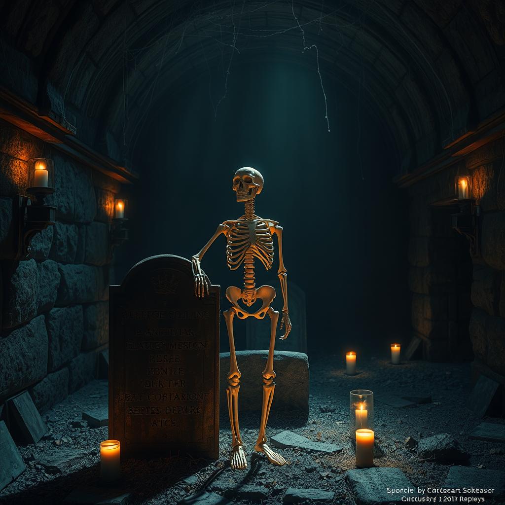 A solitary skeleton standing in a dimly lit, ancient crypt adorned with cobwebs and flickering candles, casting eerie shadows on the stone walls