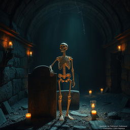 A solitary skeleton standing in a dimly lit, ancient crypt adorned with cobwebs and flickering candles, casting eerie shadows on the stone walls