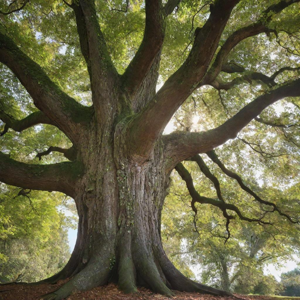 A majestic, sunlit tree with deeply grooved bark and leaves gently rustling in the breeze.