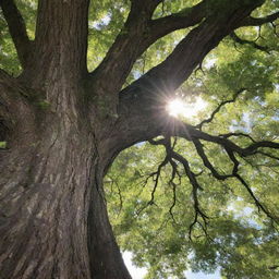 A majestic, sunlit tree with deeply grooved bark and leaves gently rustling in the breeze.