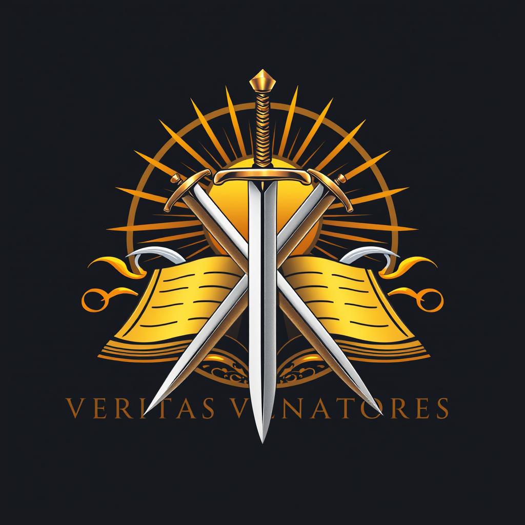 Create a logo design for "Veritas Venatores" featuring elements of gold and silver