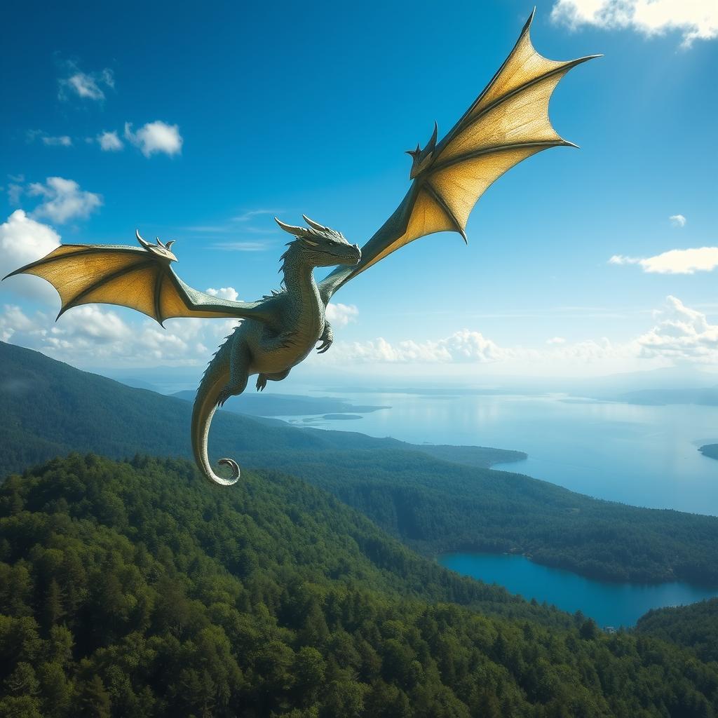 A majestic dragon soaring through the sky with its shimmering scales reflecting sunlight, flying over a lush, green forest and a tranquil, deep blue lake