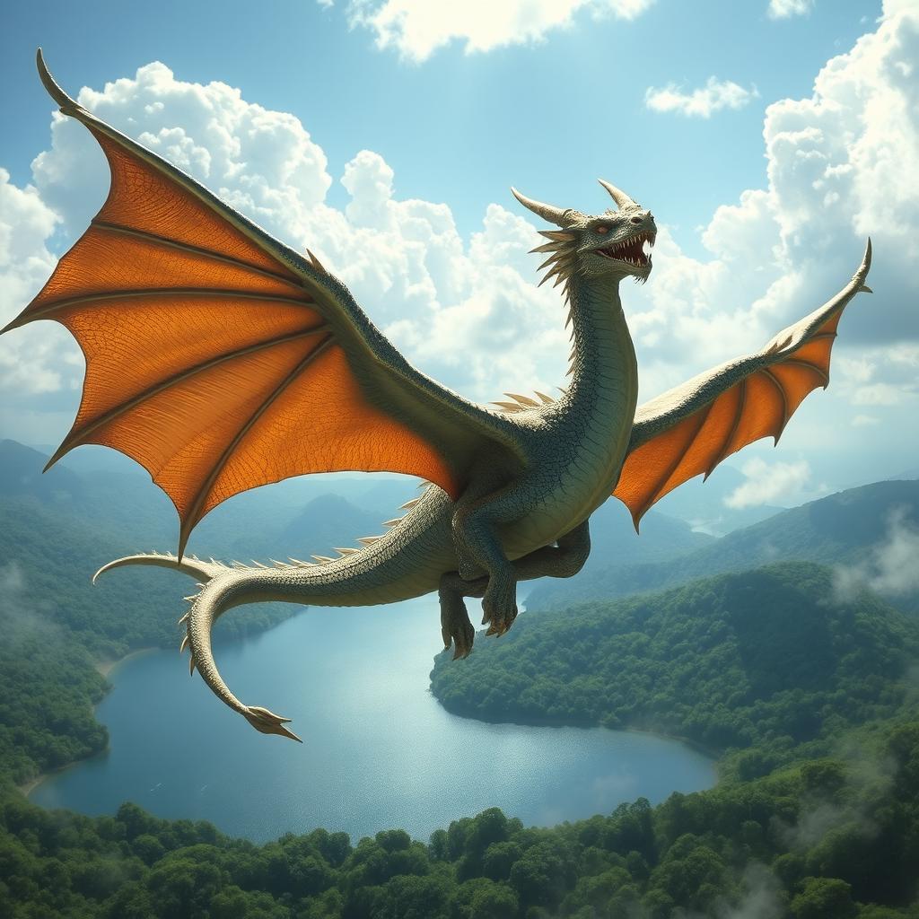 A majestic dragon soaring through the sky with its shimmering scales reflecting sunlight, flying over a lush, green forest and a tranquil, deep blue lake