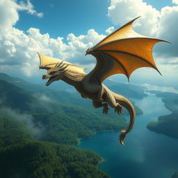 A majestic dragon soaring through the sky with its shimmering scales reflecting sunlight, flying over a lush, green forest and a tranquil, deep blue lake